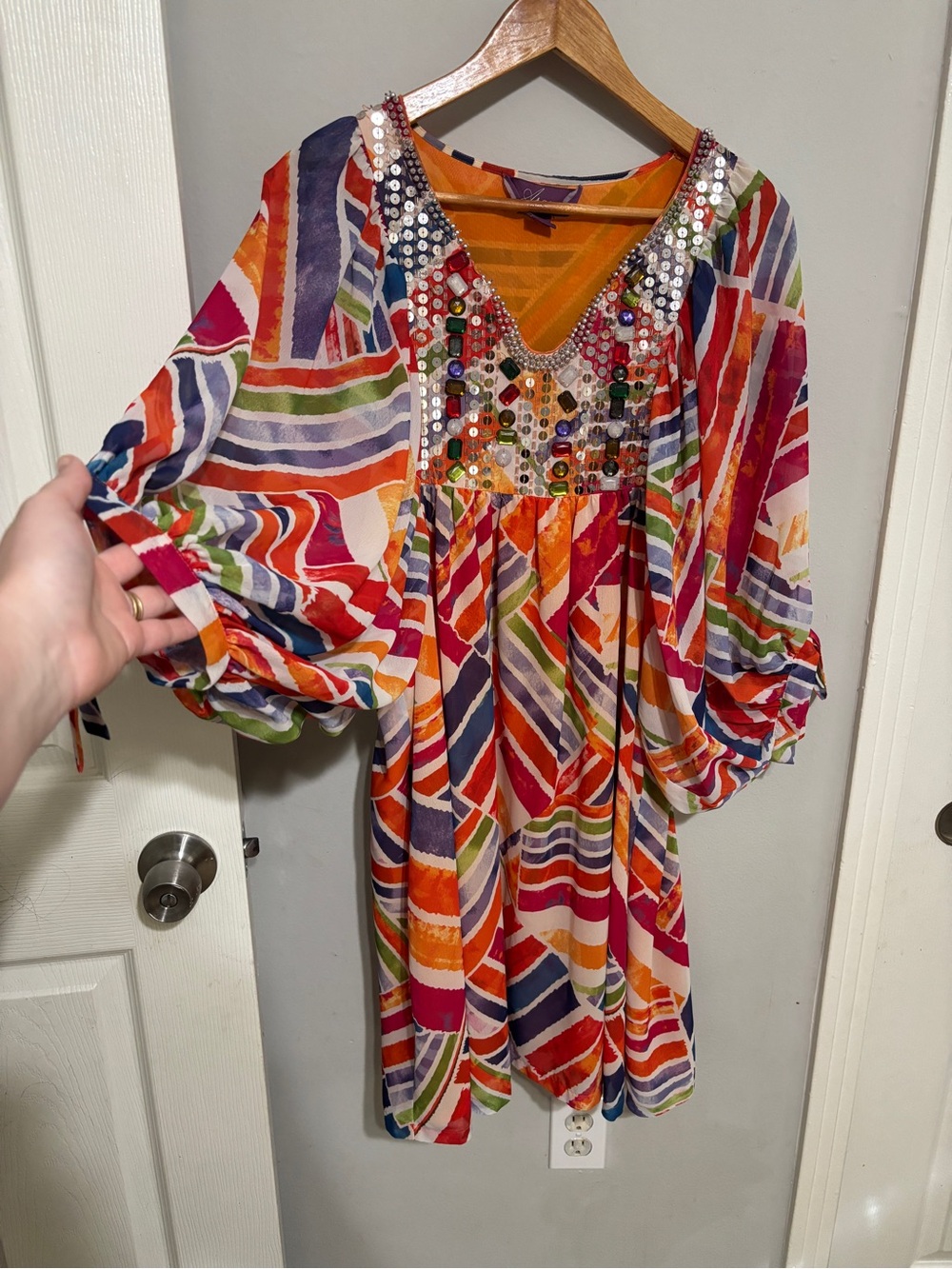 Argenti Bold Print Beaded Neckline Balloon Sleeve Dress Medium
